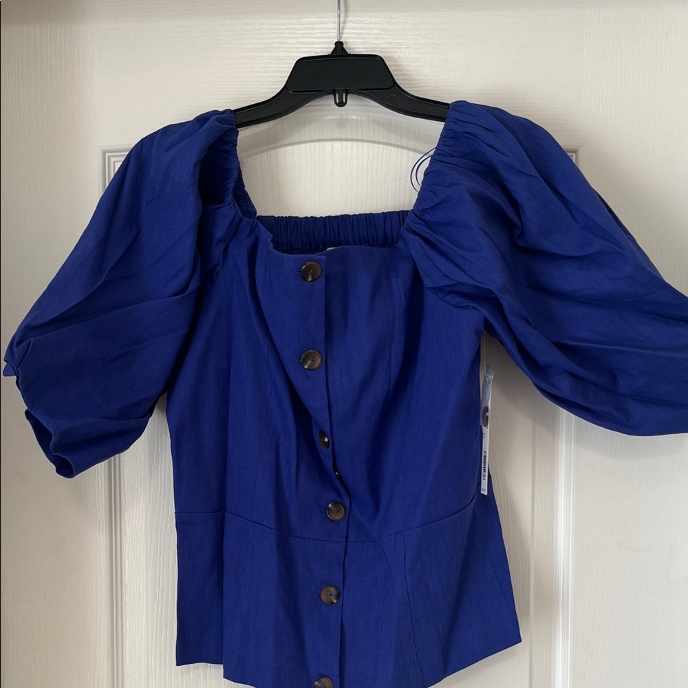 Antonio Melani Royal Blue off the shoulder Puff Sleeve linen Blouse, NWT, 12